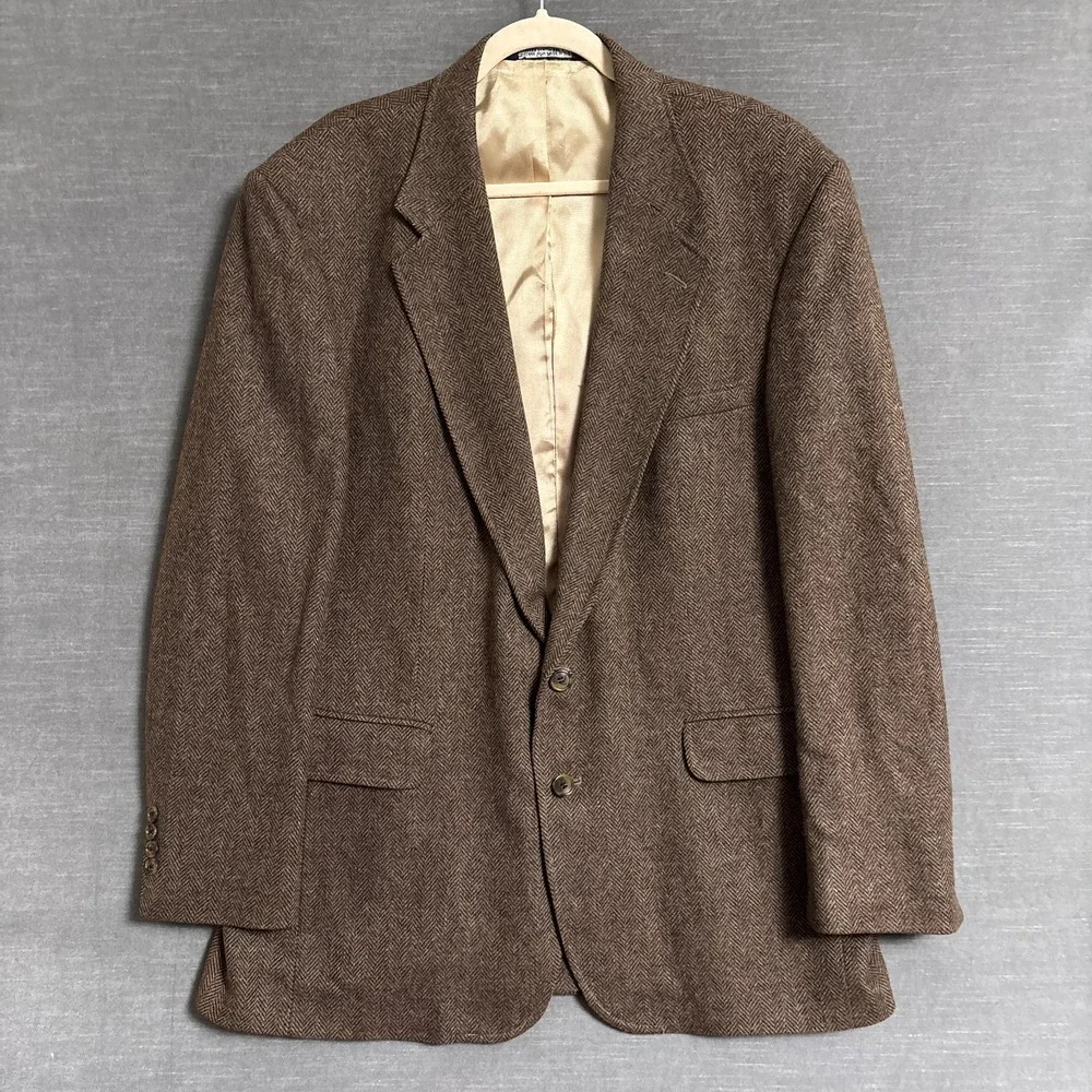 Vintage Land End Sport Coat 44L Brown Lambswool Herringbone Tweed Blazer USA 46L - Picture 2 of 12